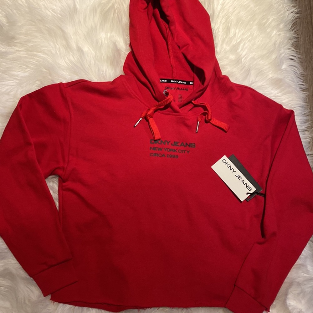 DKNY Jeans Red Hoodie Long Sleeve Hooded Sweater with Raw Hem Size Small NWT